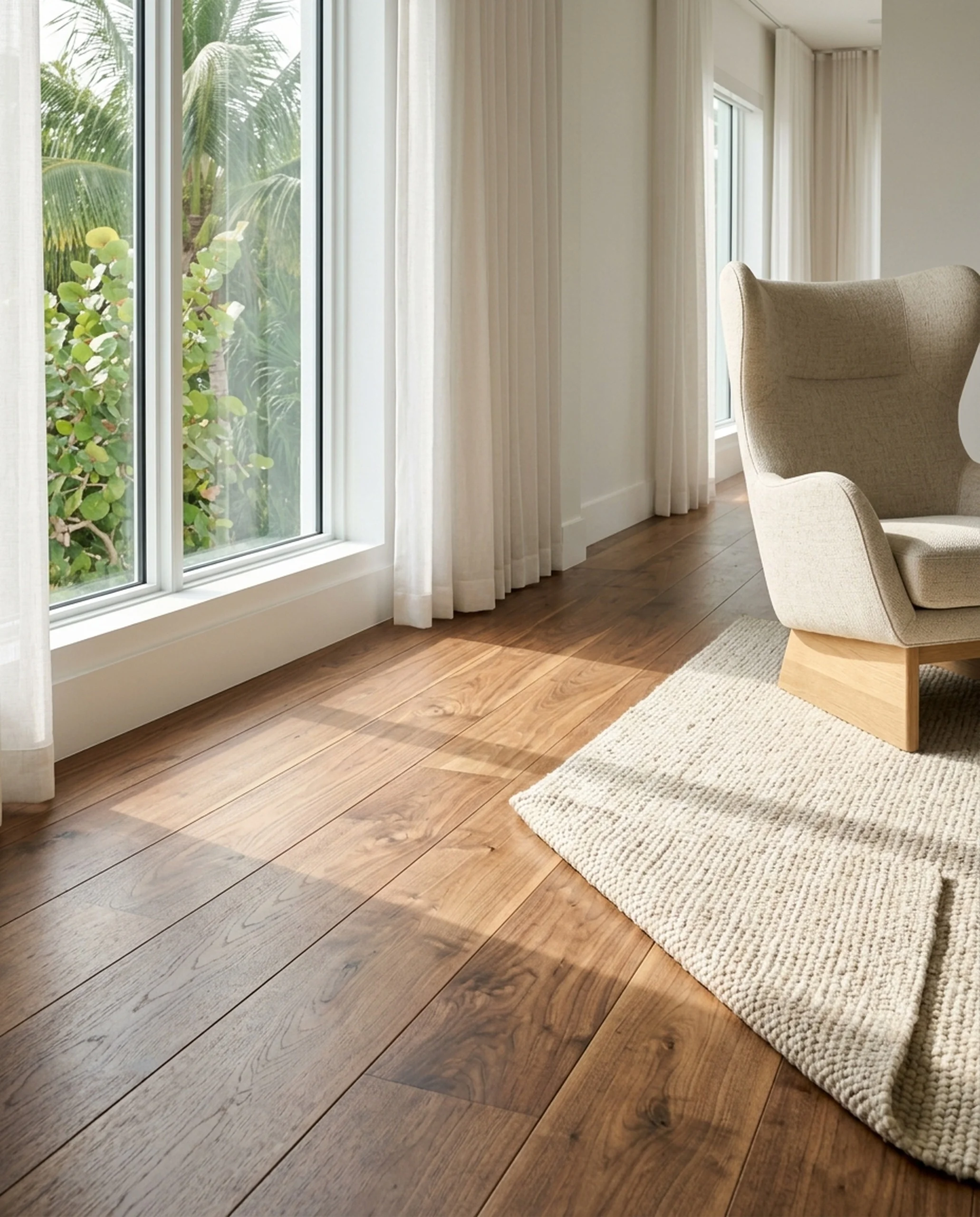 Walnut solid hardwood plank flooring in a transitional Florida living room with warm afternoon light