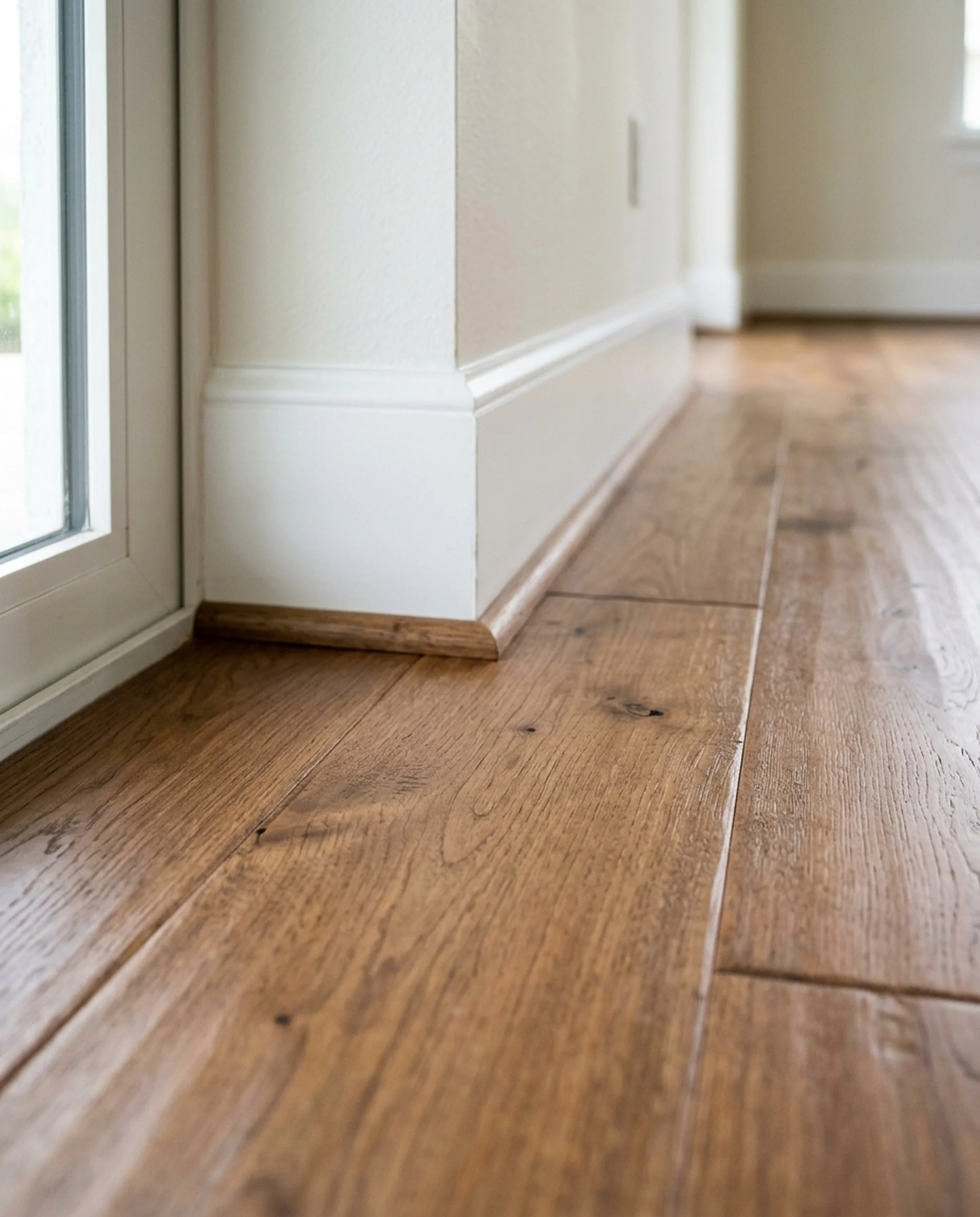 Low-angle detail of nailed walnut hardwood meeting a white baseboard