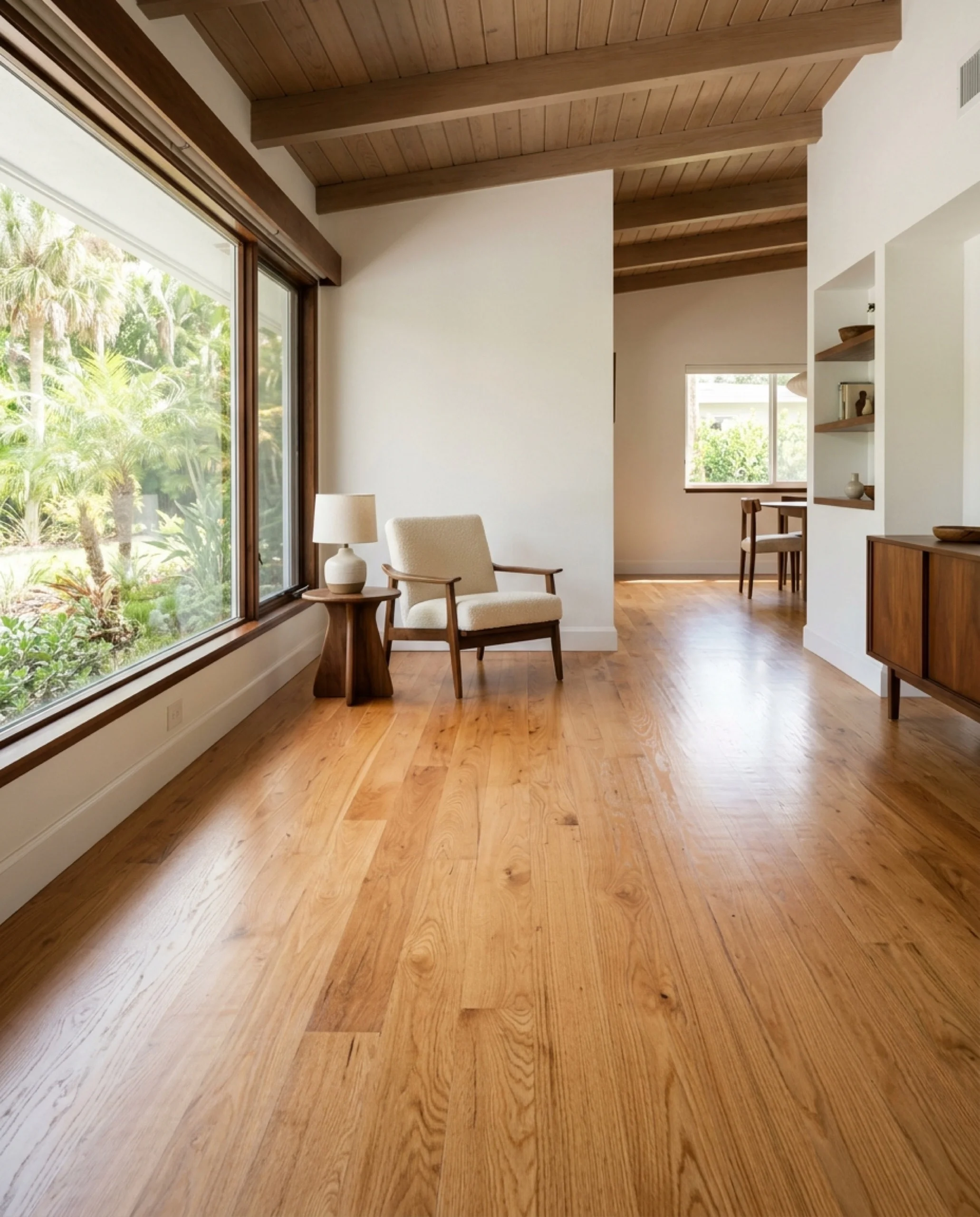 Freshly refinished red oak hardwood floor in a mid-century Florida ranch living area