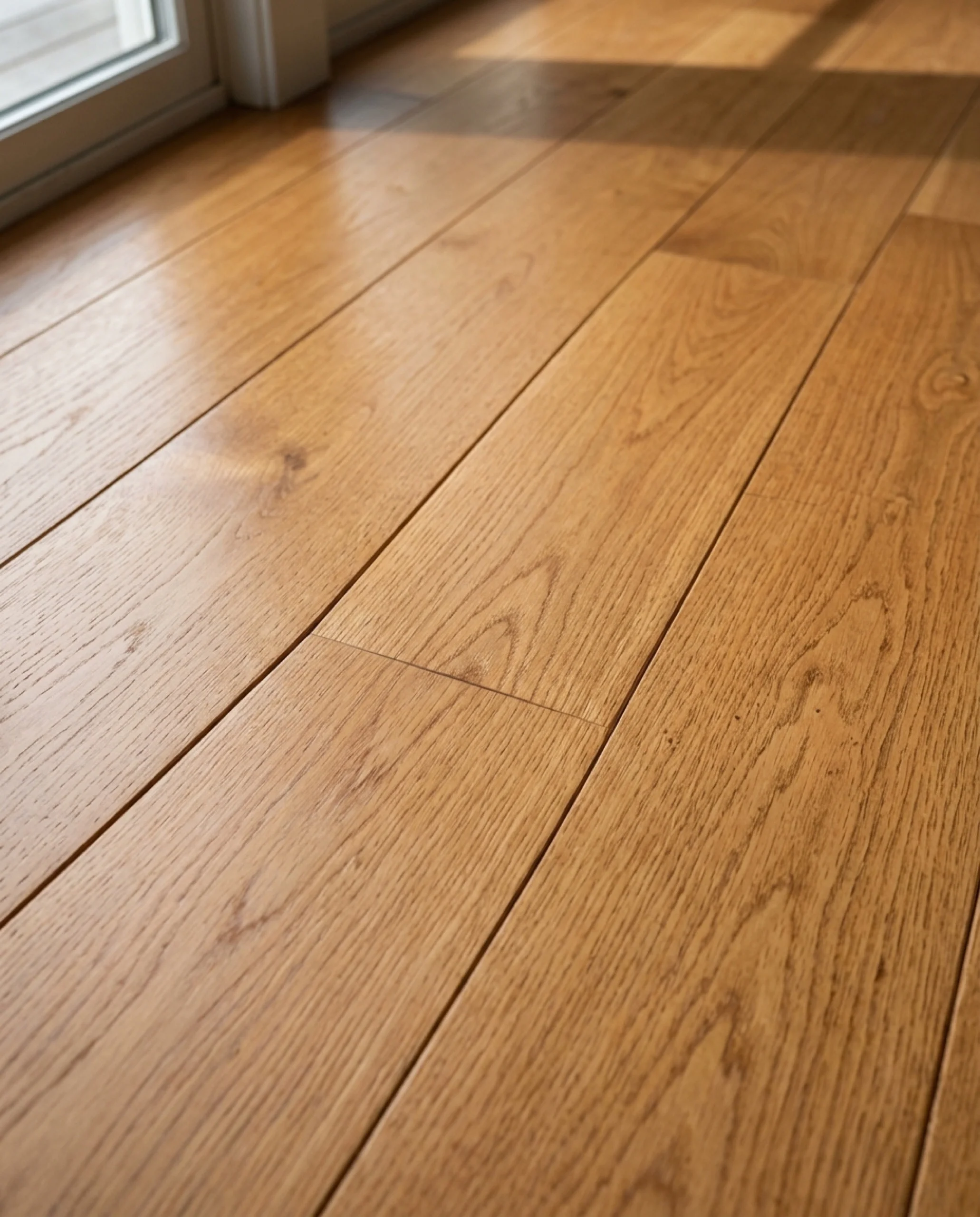 Close-up detail of a repaired hardwood plank blended seamlessly into the existing floor under raking light