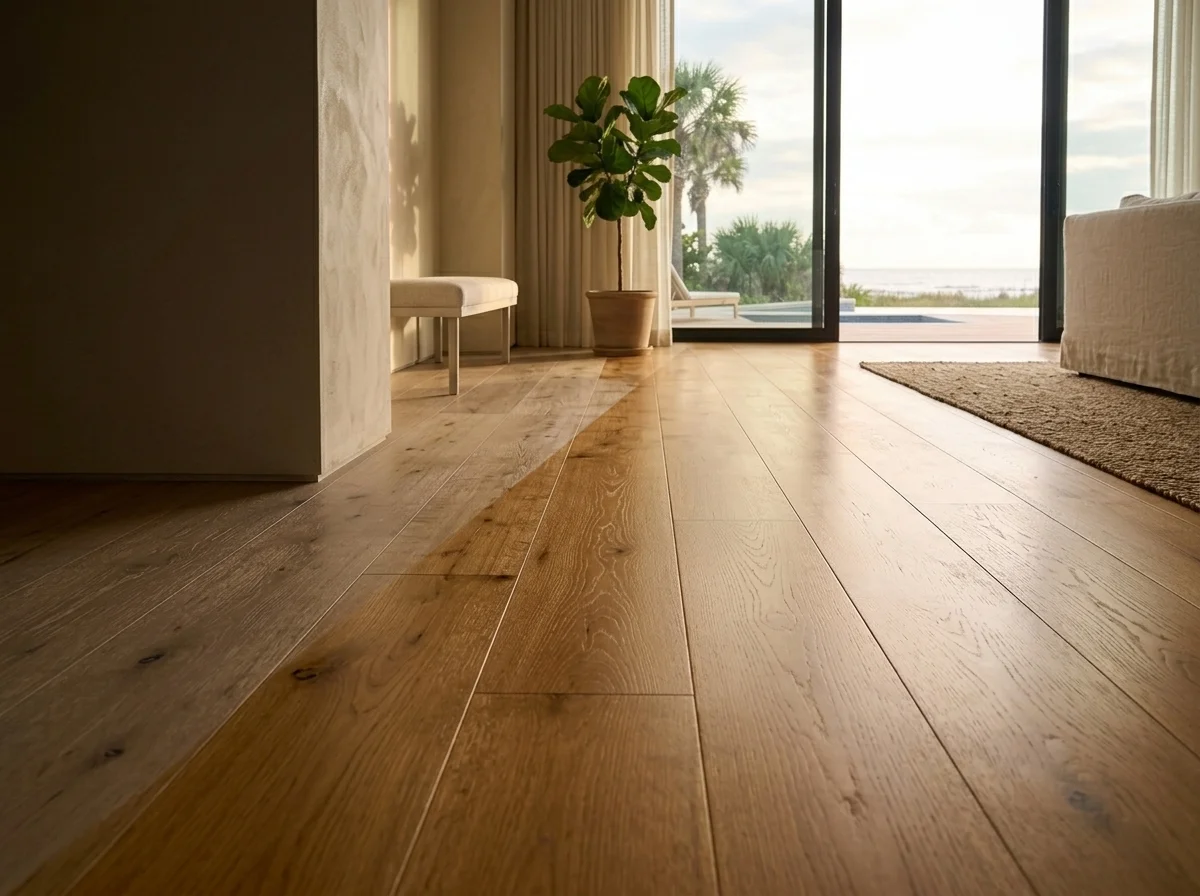 Refinished white oak hardwood floor in a Sarasota-area living room