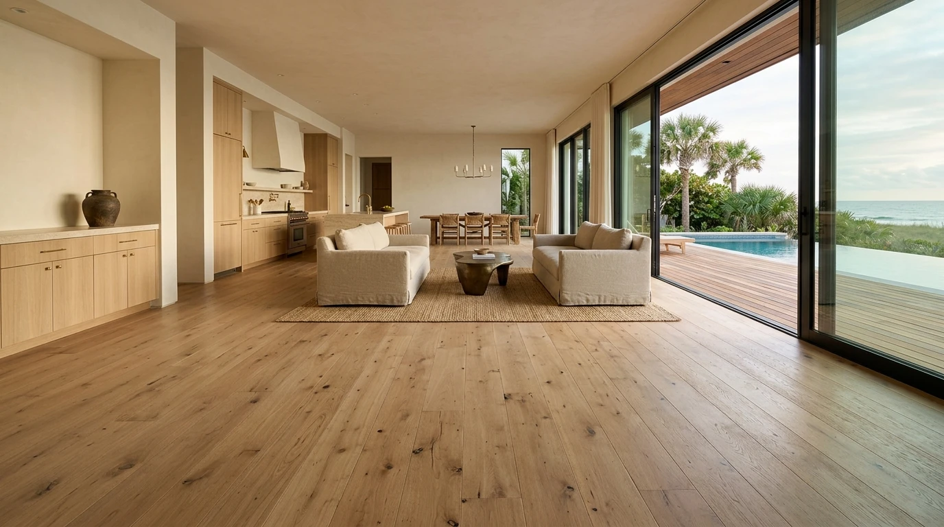 Wide-plank white oak hardwood in a modern Florida great room