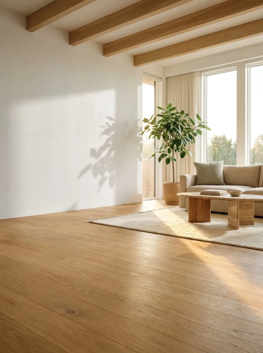 Contemporary interior with wide-plank hardwood flooring