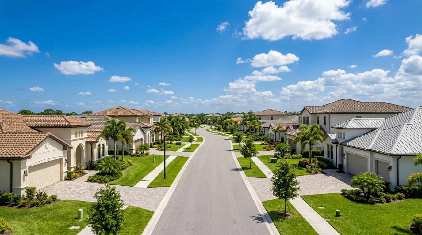 Quiet boulevard in Lakewood Ranch with manicured Florida homes
