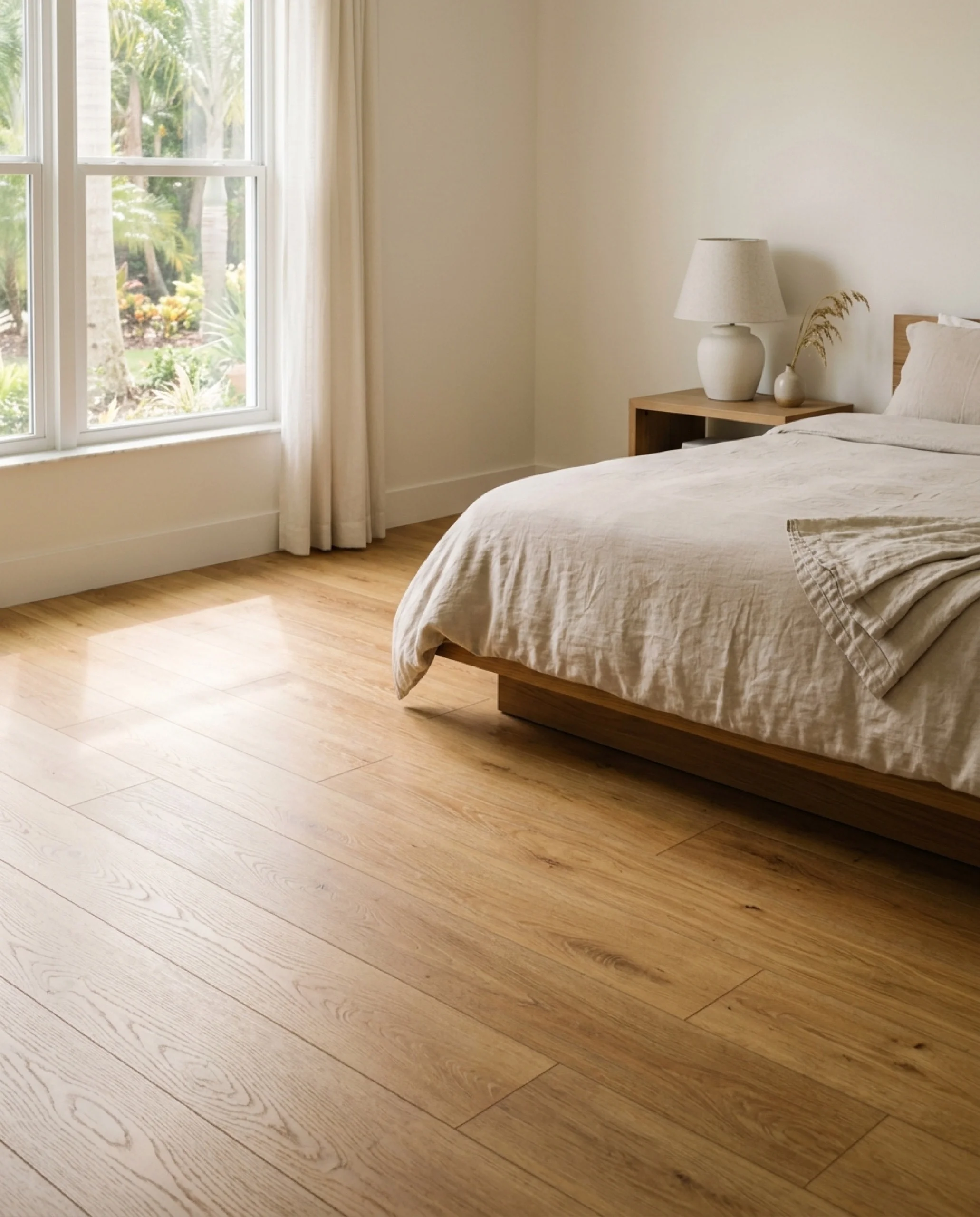Honey oak laminate flooring in a bright minimal bedroom with morning light