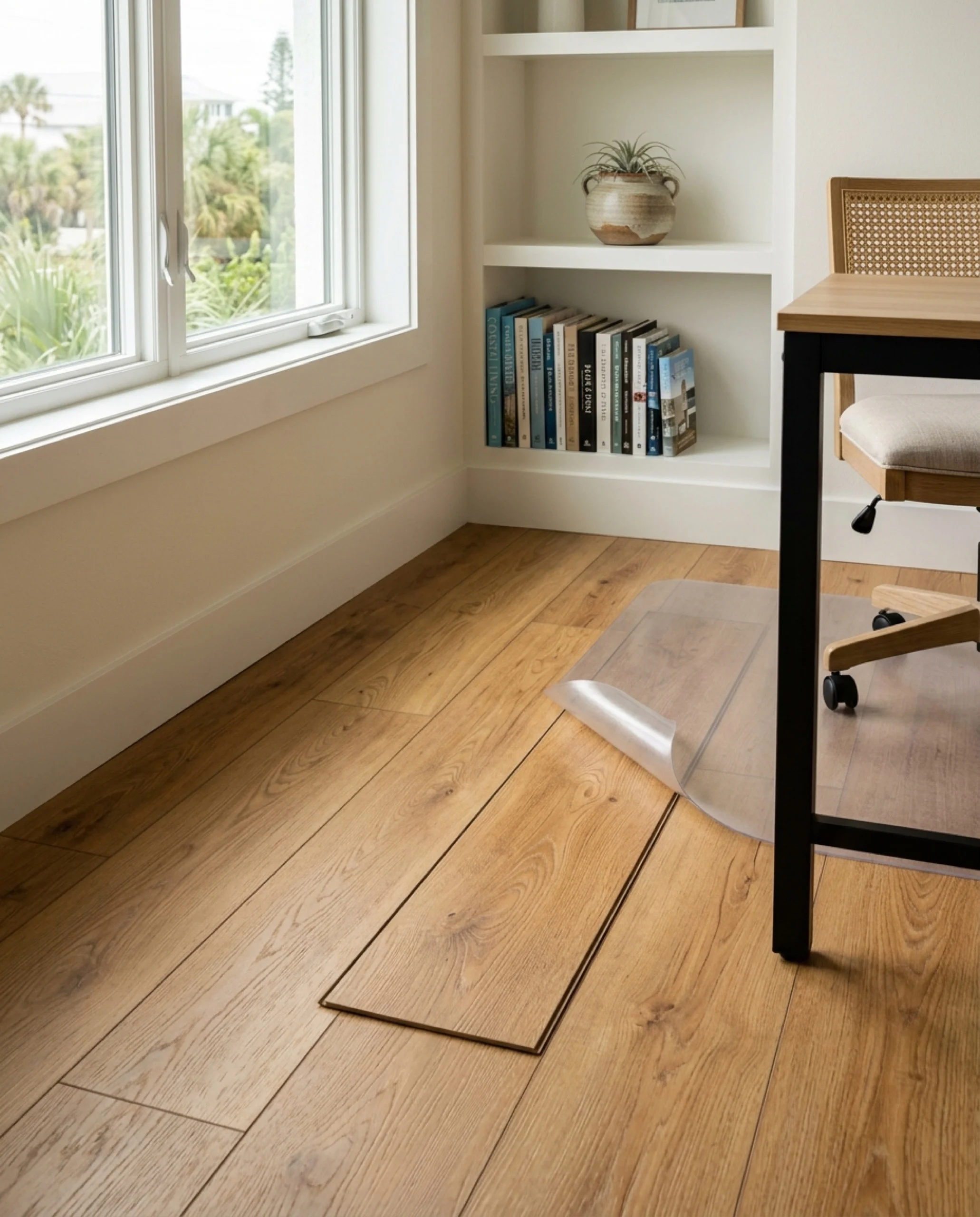 Honey oak laminate in a home office with a pulled-back chair mat showing the full plank face