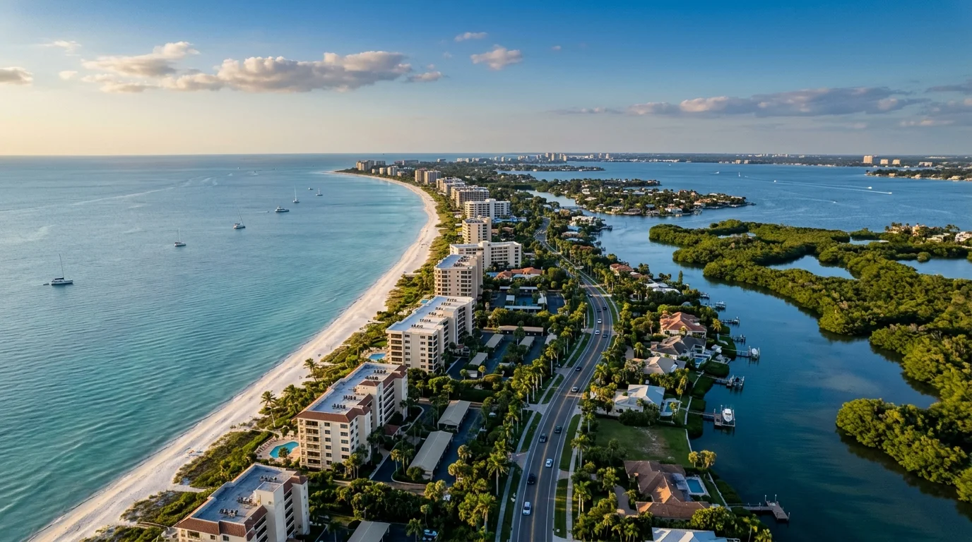 Aerial view of Longboat Key barrier island with Gulf condos and mangroves