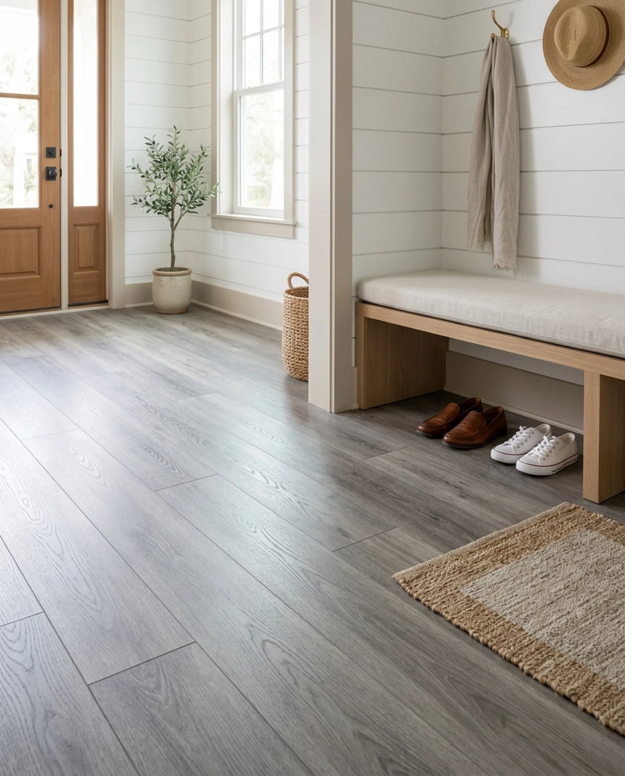 Gray-washed luxury vinyl plank flooring in a modern coastal mudroom with a built-in bench