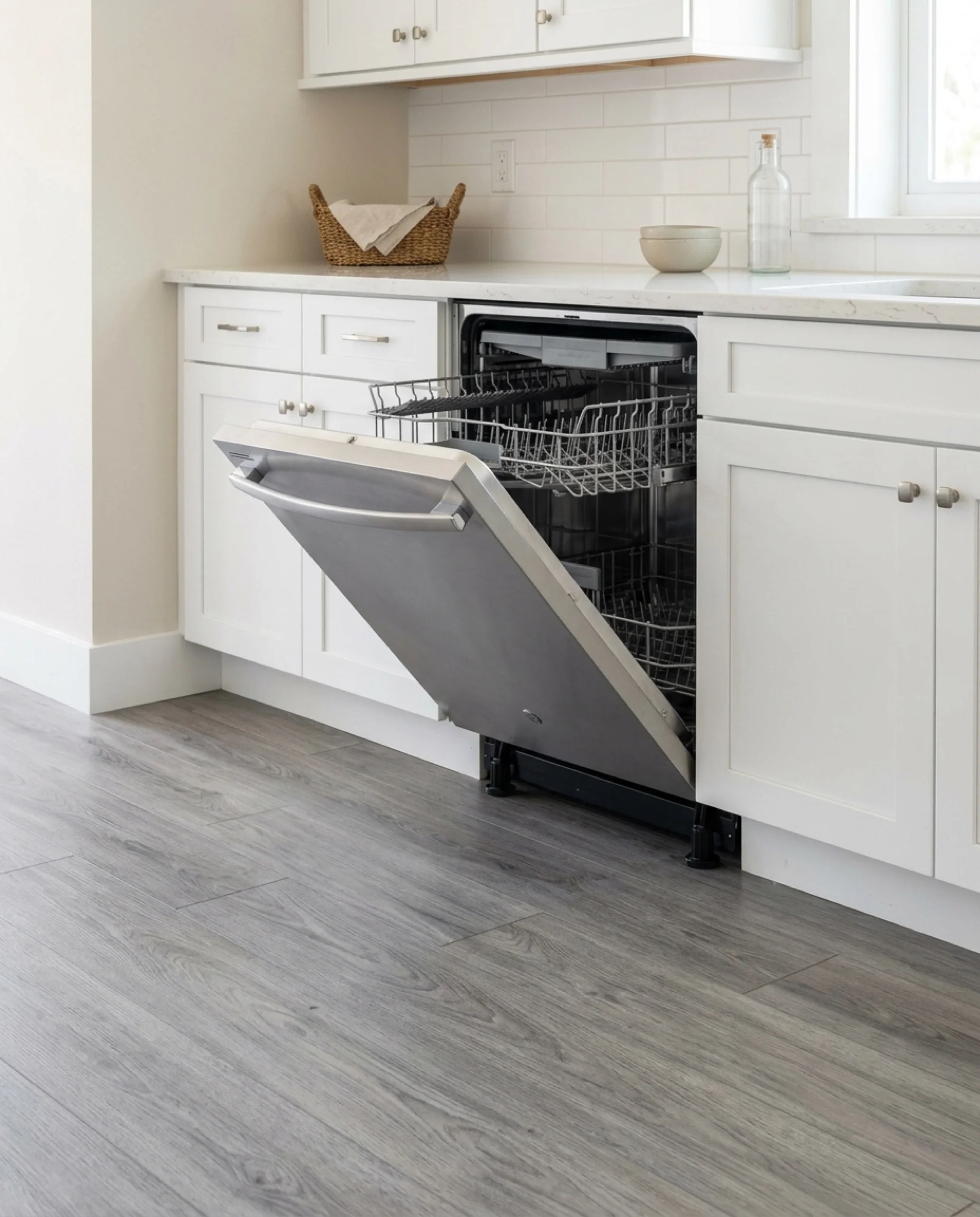Waterproof luxury vinyl plank in a modern kitchen with an open dishwasher showing the floor around appliance legs