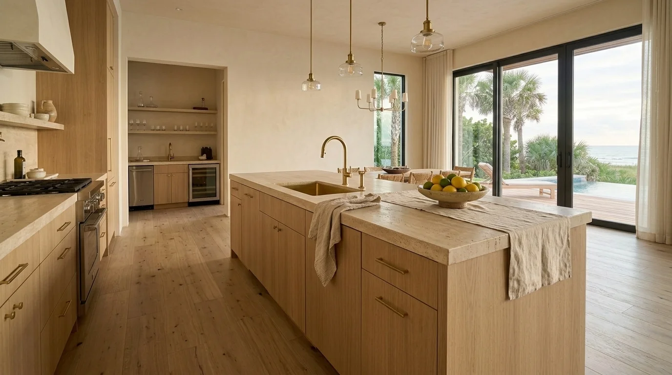 Rigid-core luxury vinyl plank in a modern coastal chef's kitchen