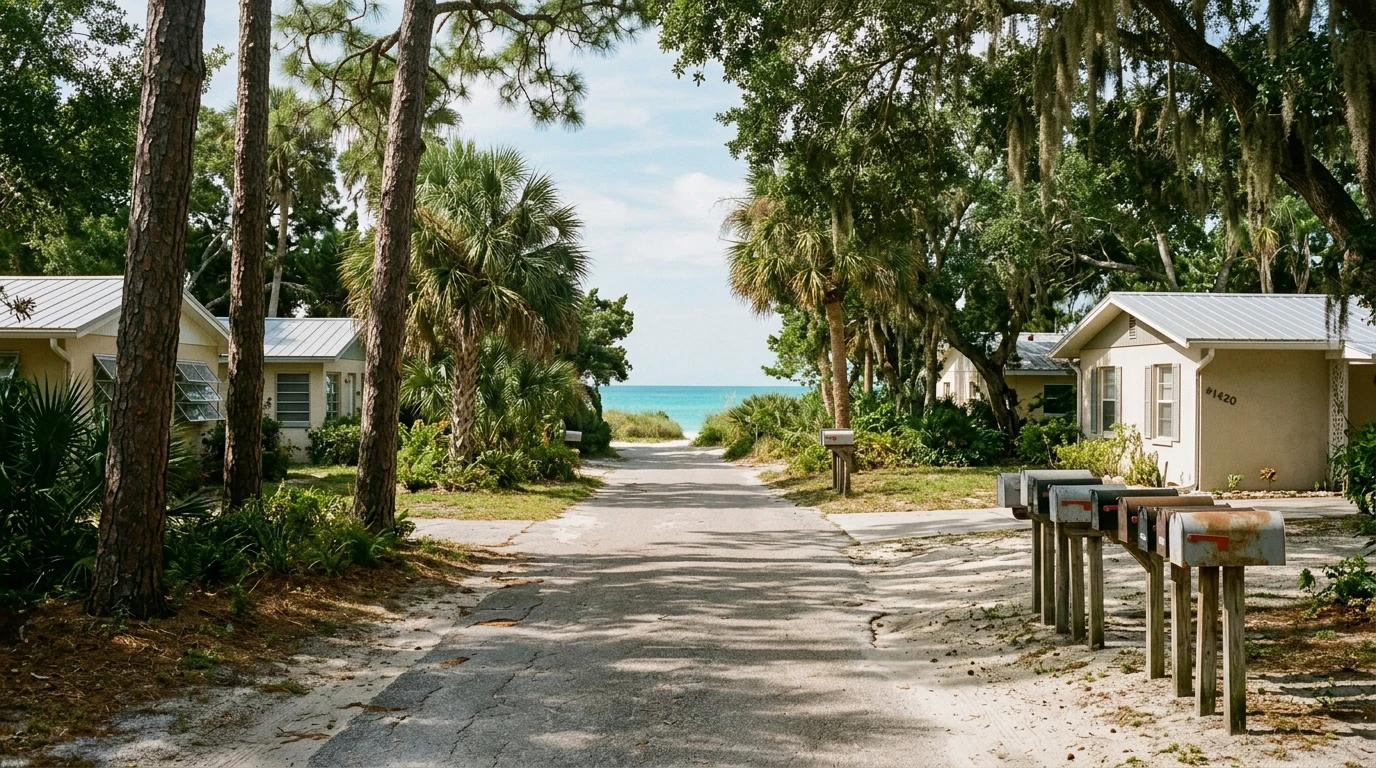 Shaded residential lane in Nokomis with glimpse of the Gulf