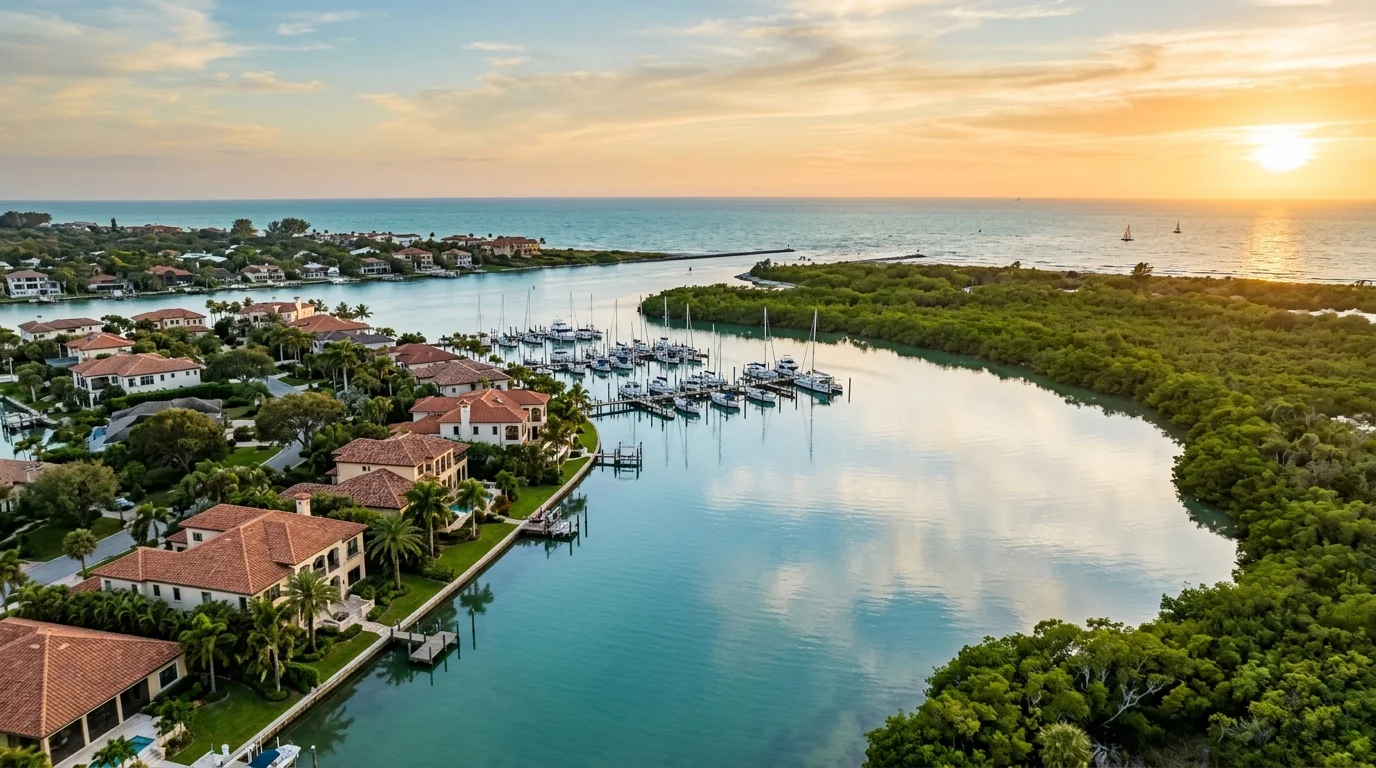 Waterfront marina in Osprey, Florida at sunset