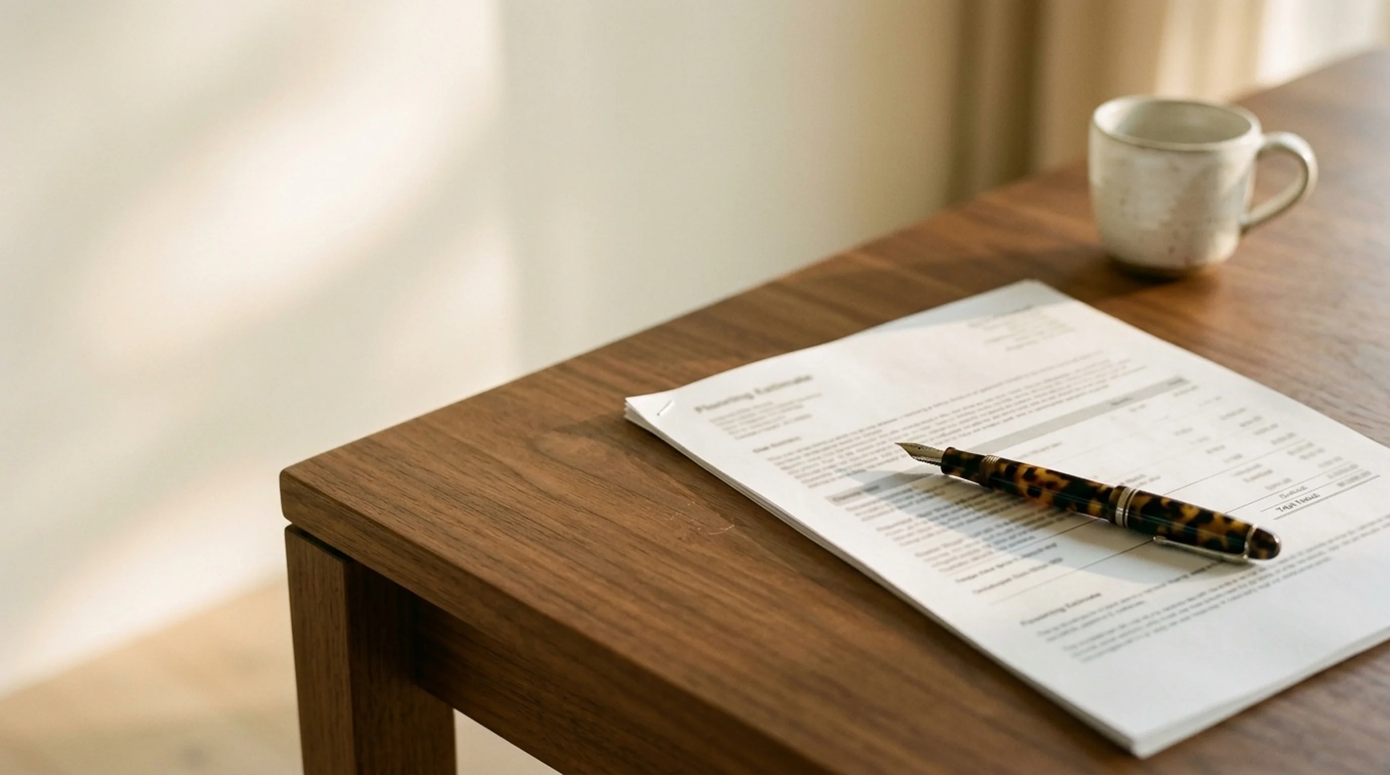 A printed flooring estimate and a tortoiseshell fountain pen on a walnut dining table in warm golden-hour light