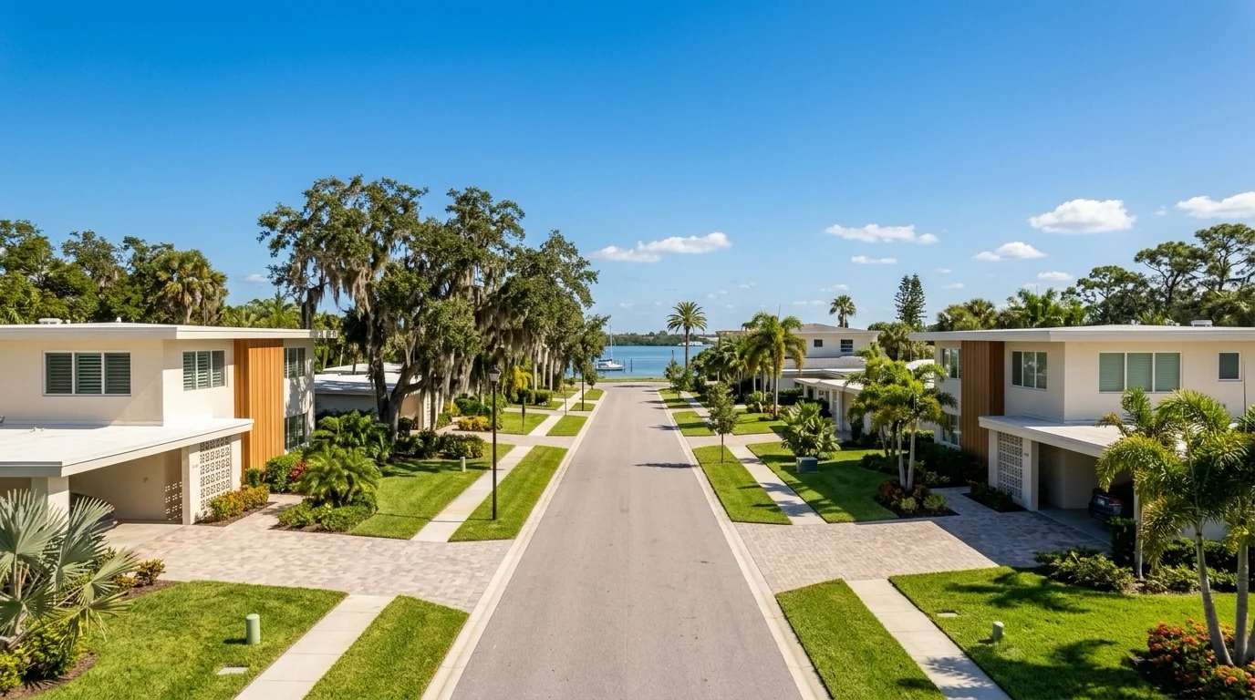 Aerial view of a Sarasota residential street with mid-century modern homes and bay water in the distance