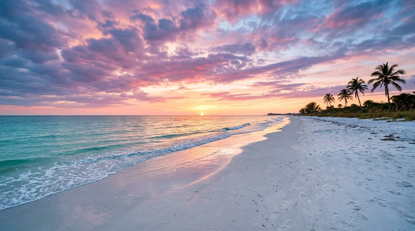 Siesta Key sugar-white quartz-sand beach at sunset